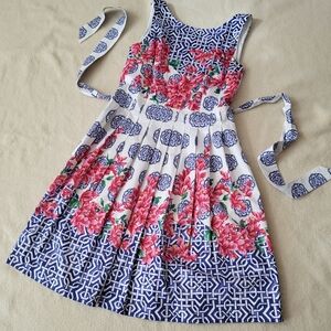 Talbolts Cotton Blue & White Floral Midi Sleevless Dress Women's Size 6